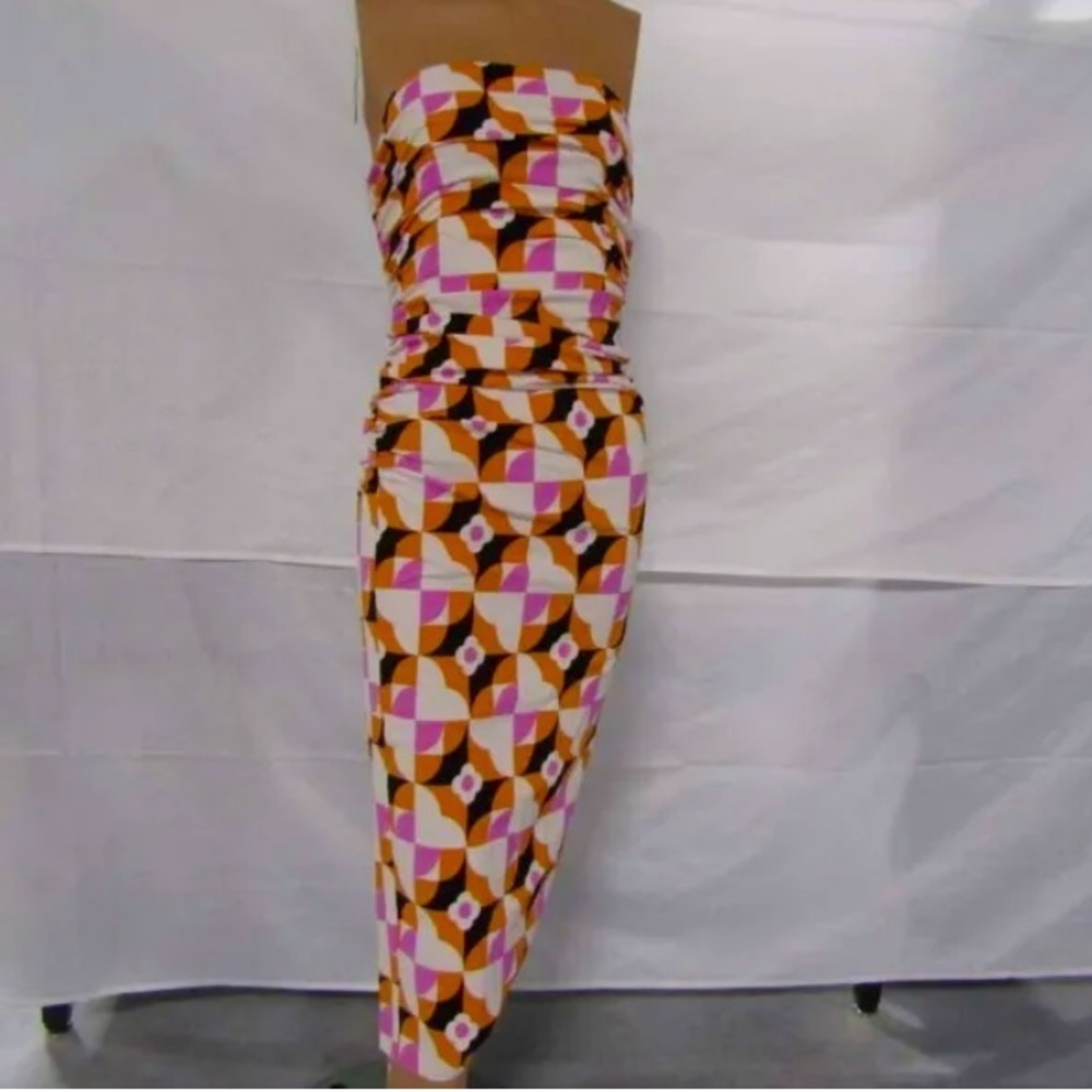 Anthropologie White/Orange/Purple/Black Neutr Mot Strapless Ruched Dress XXS NWT - Picture 2 of 11